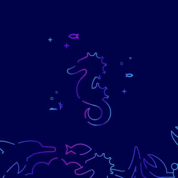 Hippocampus, Seahorse Vector Line Icon, Illustration sur fond bleu foncé. Frontière inférieure connexe — Image vectorielle