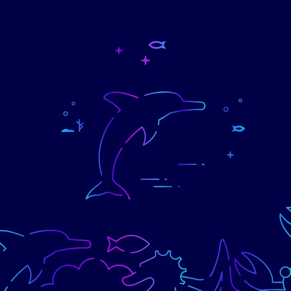 Icona della linea vettoriale dei delfini che salta, illustrazione su sfondo blu scuro. Confine inferiore correlato — Vettoriale Stock