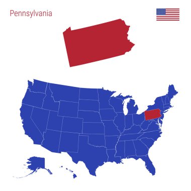 Pennsylvania Eyaleti Kırmızı ile vurgulanır. Amerika Birleşik Devletleri Vektör Haritası Ayrı Devletlere Bölünmüş.
