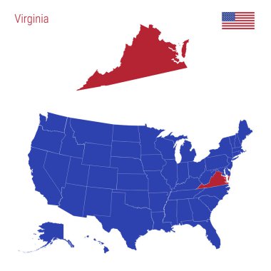 Virginia Eyaleti Kırmızı ile vurgulanır. Amerika Birleşik Devletleri Vektör Haritası Ayrı Devletlere Bölünmüş.