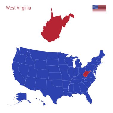 Batı Virginia Eyaleti Kırmızı ile vurgulanır. Amerika Birleşik Devletleri Vektör Haritası Ayrı Devletlere Bölünmüş.