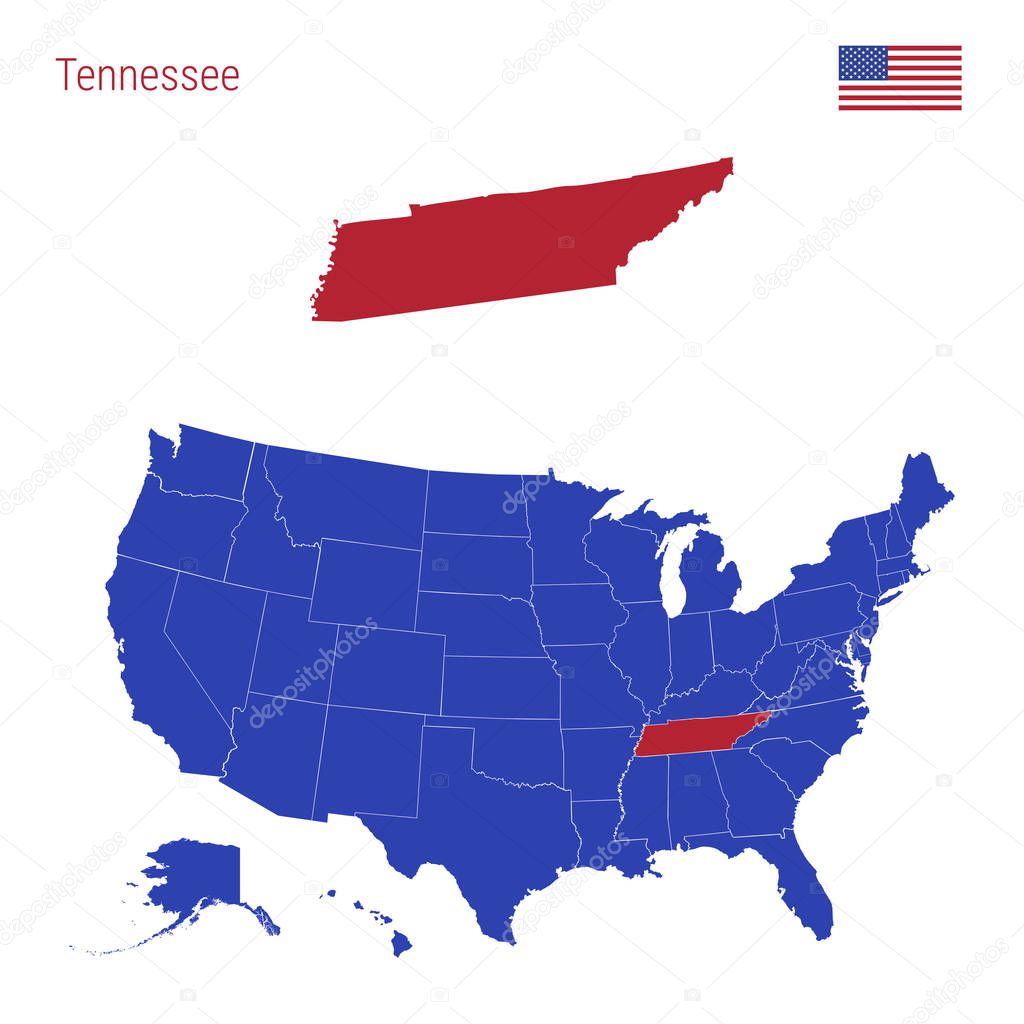 The State of Tennessee is Highlighted in Red. Vector Map of the United States Divided into Separate States.