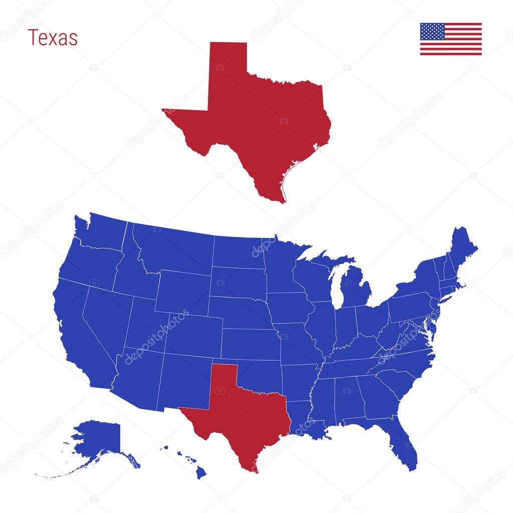 The State of Texas is Highlighted in Red. Vector Map of the United States Divided into Separate States.