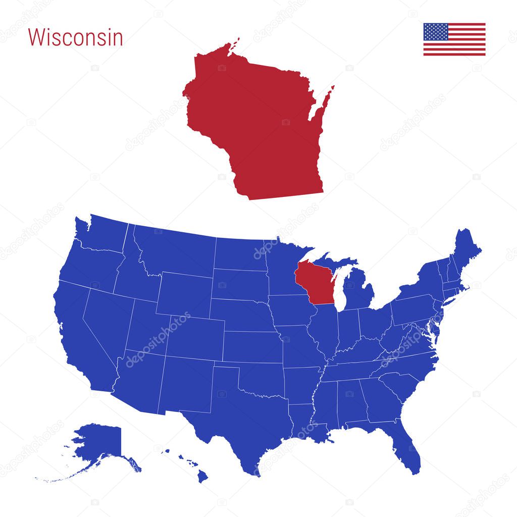 The State of Wisconsin is Highlighted in Red. Vector Map of the United States Divided into Separate States.