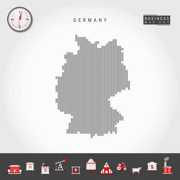 Vector Vertical Lines Map of Germany. Silueta a rayas de Alemania. Brújula realista. Iconos de negocios — Vector de stock