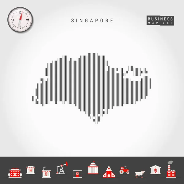 Vector Vertical Lines Map of Singapore. Silueta a rayas de Singapur. Brújula realista. Iconos de negocios — Archivo Imágenes Vectoriales