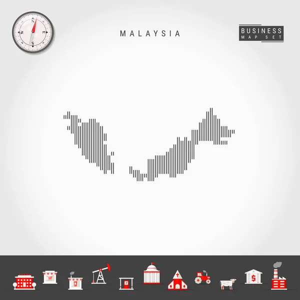 Vector Vertical Lines Map of Malaysia (en inglés). Silueta a rayas de Malasia. Brújula realista. Iconos de negocios — Archivo Imágenes Vectoriales