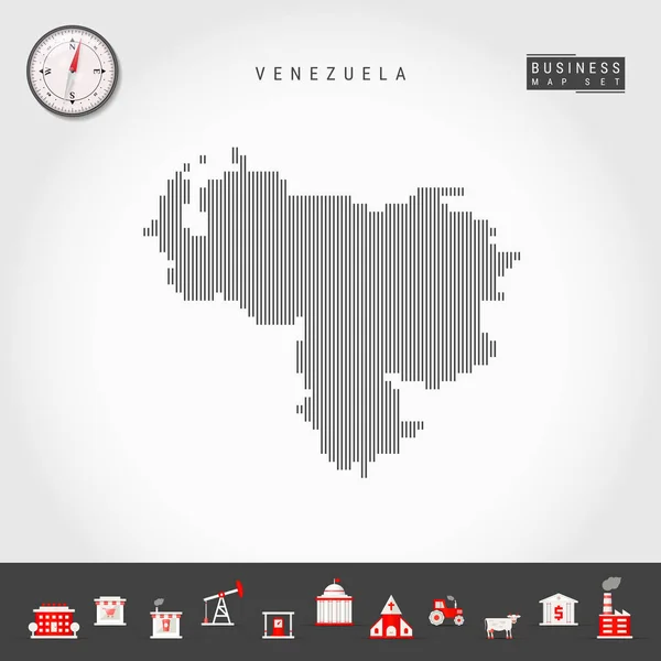 Vektor vertikale Linien Karte von venezuela. gestreifte Silhouette von venezuela. Realistischer Kompass. Ikonen der Wirtschaft — Stockvektor