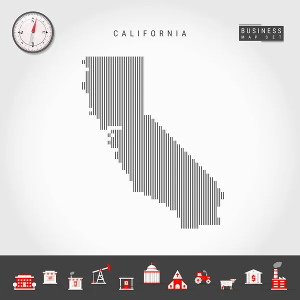 Vector verticale lijnen patroon kaart van Californië. Gestreepte silhouet van Californië. Realistisch kompas. Bedrijfs pictogrammen — Stockvector