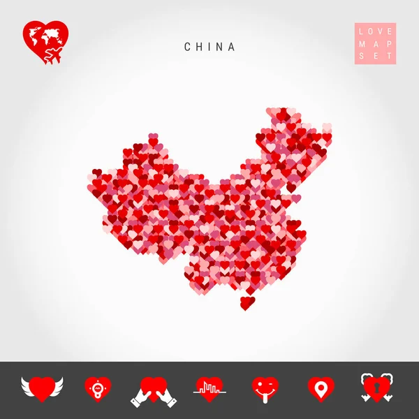I Love China. Red Hearts Pattern Vector Map of China. Love Icon Set