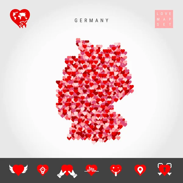 Me encanta Alemania. Red Hearts Pattern Vector Map of Germany (en inglés). Set de iconos de amor — Vector de stock