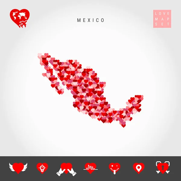 私はメキシコが大好きです。メキシコの赤いハートパターンベクトルマップ。愛のアイコンセット — ストックベクタ