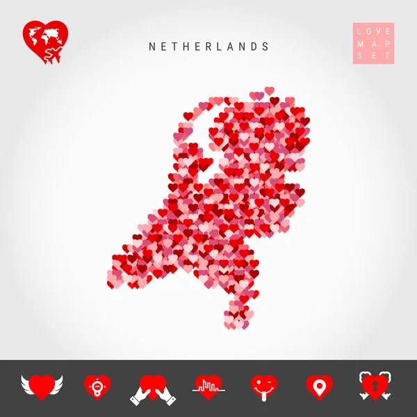 Miluji Nizozemsko. Červený symbol na červenou srdcovou mapu Holandska. Sada ikon lásky — Stockový vektor