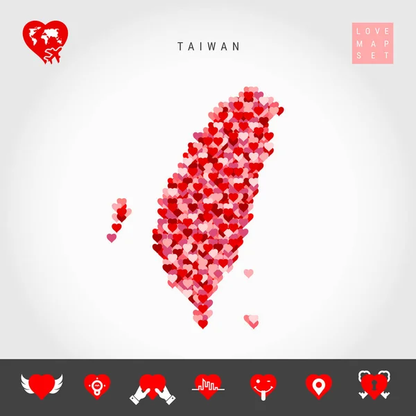 I Love Taiwan. Red Hearts Pattern Vector Map of Taiwan. Love Icon Set