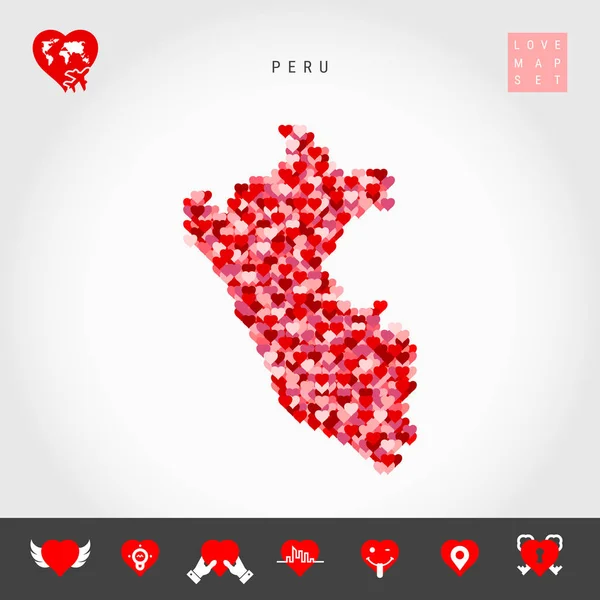 I Love Peru. Red Hearts Pattern Vector Map of Peru. Love Icon Set