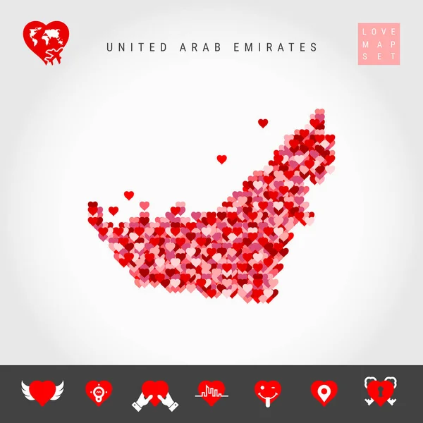I Love Emirates. Red Hearts Pattern Vector Map of United Arab Emirates. Love Icon Set