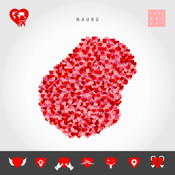 Λατρεύω το Ναούρου. Ο διανυσματική Χάρτης των κόκκινων καρδιών του Ναούρου. Εικόνα αγάπης σετ — Διανυσματικό Αρχείο