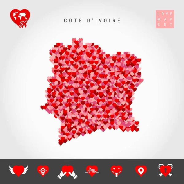 I Love Cote d'Ivoire. Red Hearts Pattern Vector Map of Ivory Coast. Love Icon Set — Stock Vector