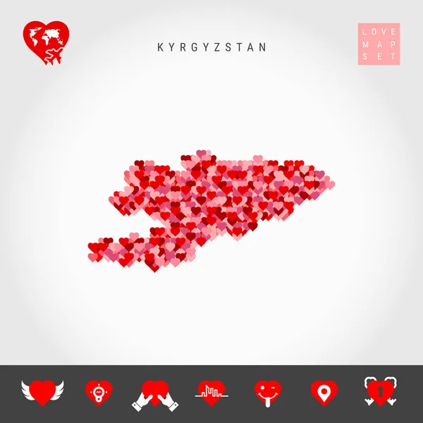 Miluji Kyrgyzstánu. Maska na červenou srdcovou mapu v Kyrgyzstánu. Sada ikon lásky — Stockový vektor