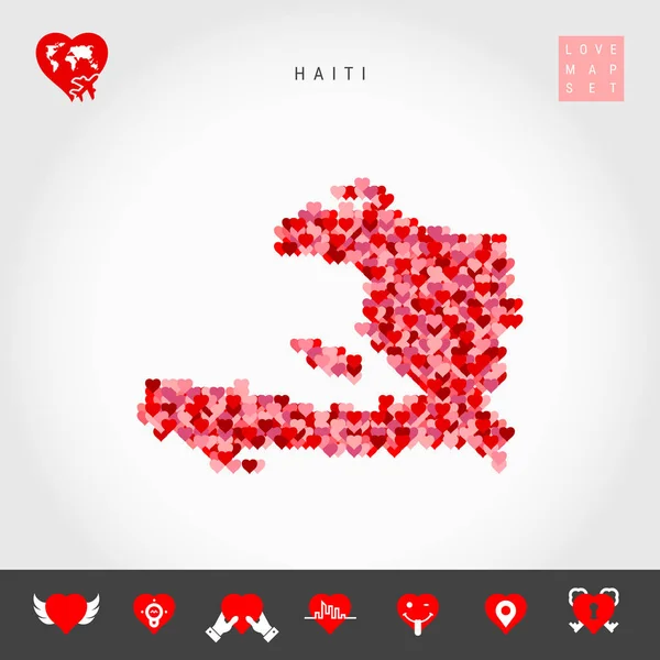 I Love Haiti. Red Hearts Pattern Vector Map of Haiti. Love Icon Set