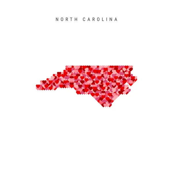 Adoro a Carolina do Norte. Padrão de corações vermelhos Vector Mapa da Carolina do Norte — Vetor de Stock