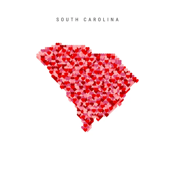 Me encanta Carolina del Sur. Patrón de corazones rojos Vector Mapa de Carolina del Sur — Archivo Imágenes Vectoriales