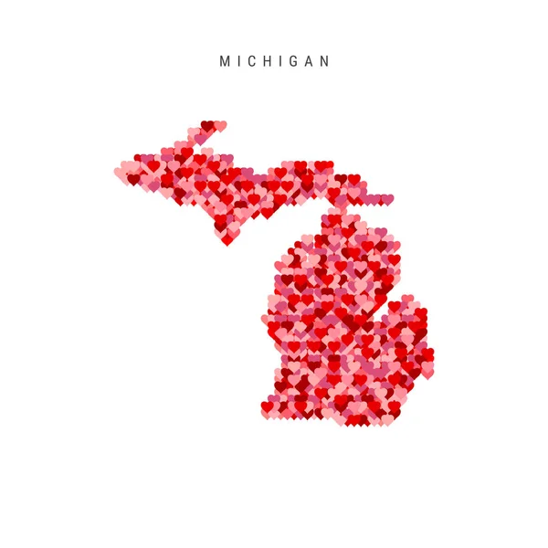 Me encanta Michigan. Patrón de corazones rojos Mapa vectorial de Michigan — Vector de stock