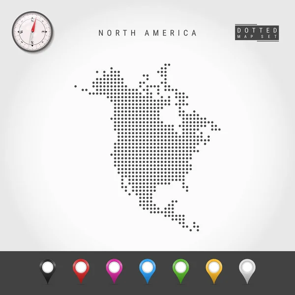 Vektör Noktalar Kuzey Amerika Haritası. Kuzey Amerika'nın basit silueti. Gerçekçi Vektör Pusulası. Çok Renkli Harita Pinleri — Stok Vektör