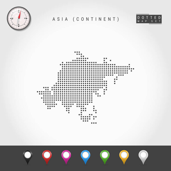 Vector Dots Map of Asian continent. Simple Silhouette of Asia. Realistic Vector Compass. Multicolored Map Pins
