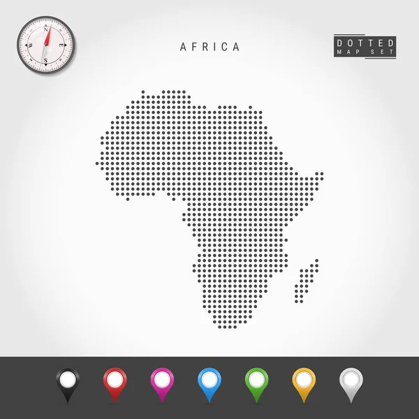 Vektorpunktkarte von Afrika. einfache silhouette von afrika. realistischer Vektorkompass. Bunte Kartenstecknadeln — Stockvektor