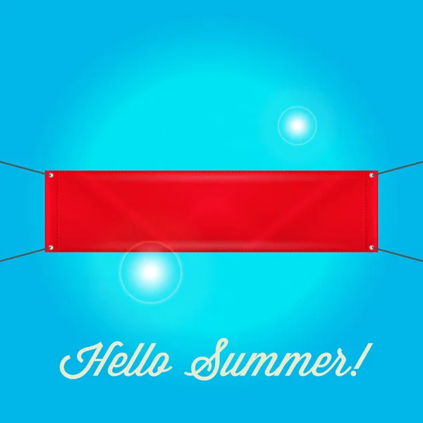 Bandeira Vermelha Vazia em Branco. Banner de vinil com ilhós. Olá Summer Sunny Fundo Azul — Vetor de Stock
