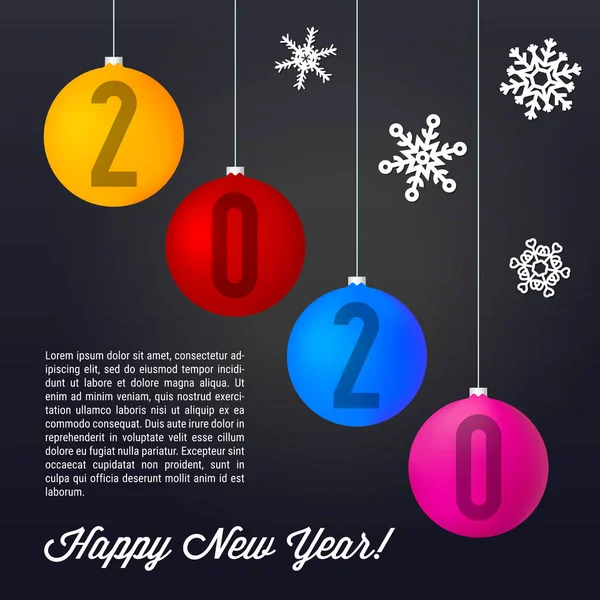 Bolas de Navidad Matt de color sobre fondo negro. Feliz Navidad y Feliz Año Nuevo 2020. Ilustración vectorial — Vector de stock