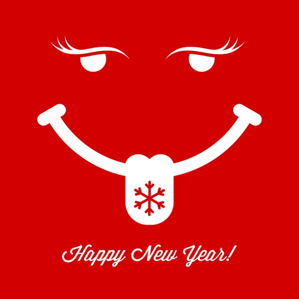 Mostrando la cara sonriente de la lengua en el fondo rojo. Cubierta de la tarjeta de felicitación de Navidad y Año Nuevo. Ilustración vectorial — Vector de stock