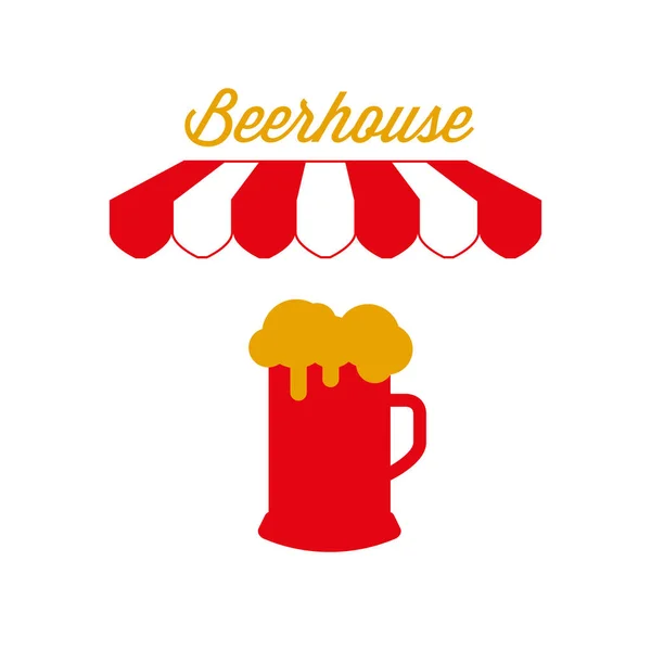 啤酒屋酒吧标志，徽章。红色和白色条纹遮阳篷。矢量插图 — 图库矢量图片