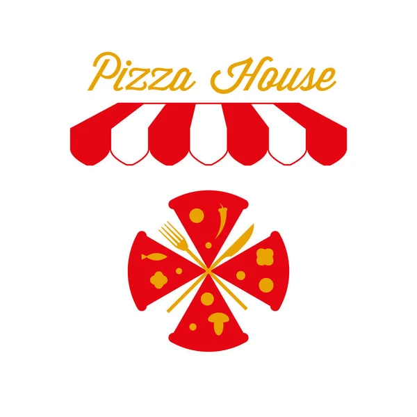 Pizza House, pizzerie, emblém. Červený a bílý pruhovaný markýz. Vektorová ilustrace — Stockový vektor
