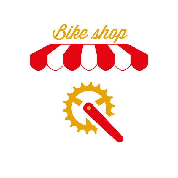 Cartel de tienda de bicicletas o bicicletas, emblema. Tienda de toldo de rayas rojas y blancas. Ilustración vectorial — Archivo Imágenes Vectoriales