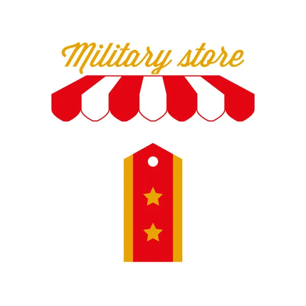 Army Clothes, Military Store Sign, Emblem. Red and White Striped Awning Tent. Vector Illustration — Stock Vector