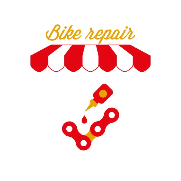 Sinal de Reparo de Bicicleta, Emblema. Barraca de toldo listrado vermelho e branco. Ilustração vetorial —  Vetores de Stock