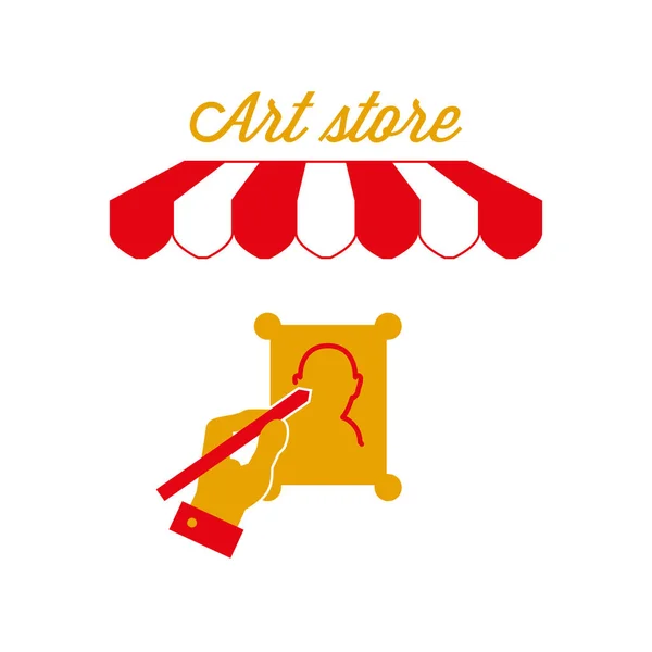 Signo de tienda de arte, emblema. Tienda de toldo de rayas rojas y blancas. Ilustración vectorial — Vector de stock