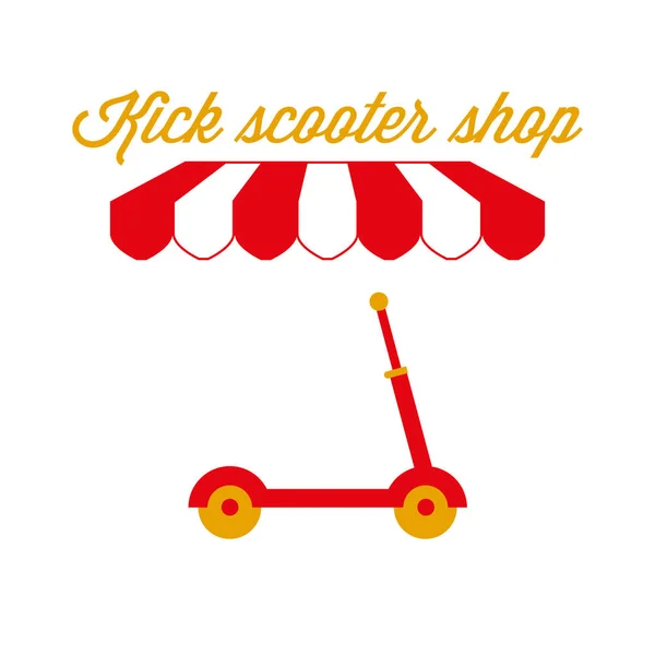 Kick Scooter Shop Sign, Emblem. Red and White Striped Awning Tent. Vector Illustration