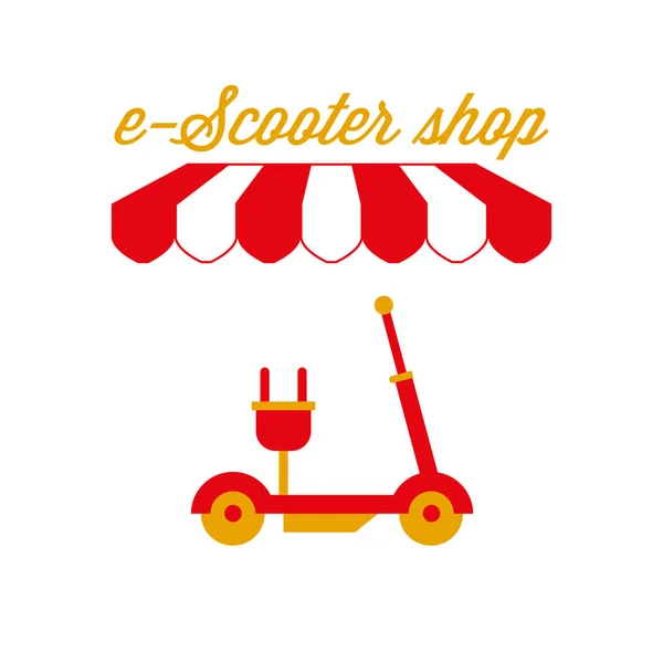 Sinal de loja de scooter elétrico, Emblema. Barraca de toldo listrado vermelho e branco. Ilustração vetorial —  Vetores de Stock