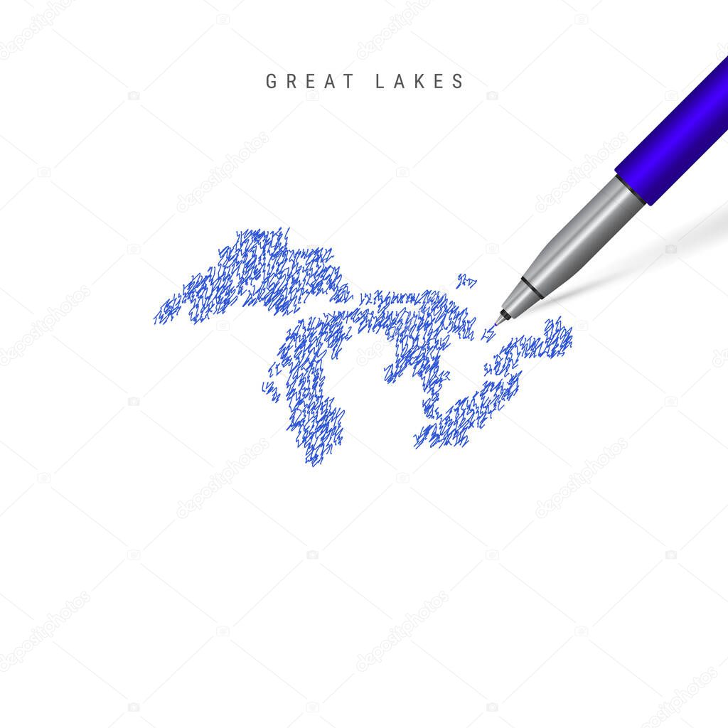 All the Great Lakes sketch scribble map isolated on white background. Hand drawn vector map of the Great Lakes.