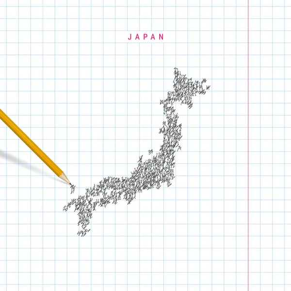 Japón bosquejo garabato mapa vectorial dibujado en la escuela a cuadros cuaderno papel fondo — Archivo Imágenes Vectoriales