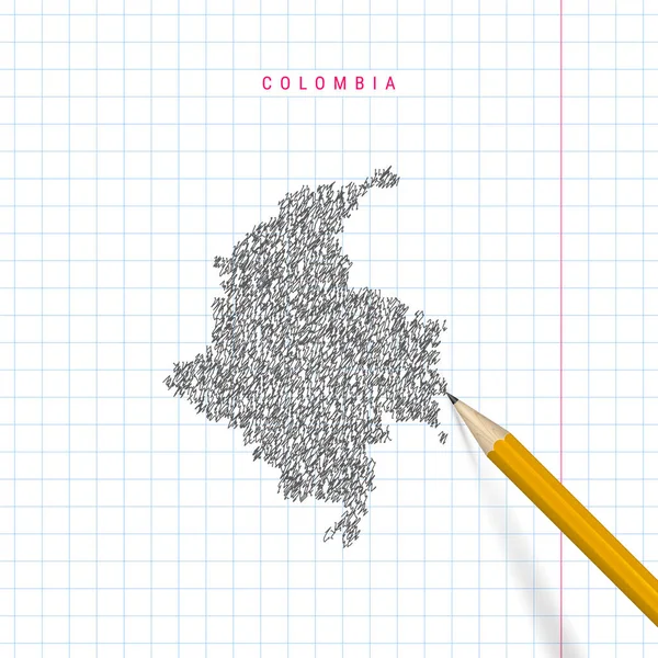 Colombia sketch scribble vector map drawn on checkered school notebook paper background — Stock Vector