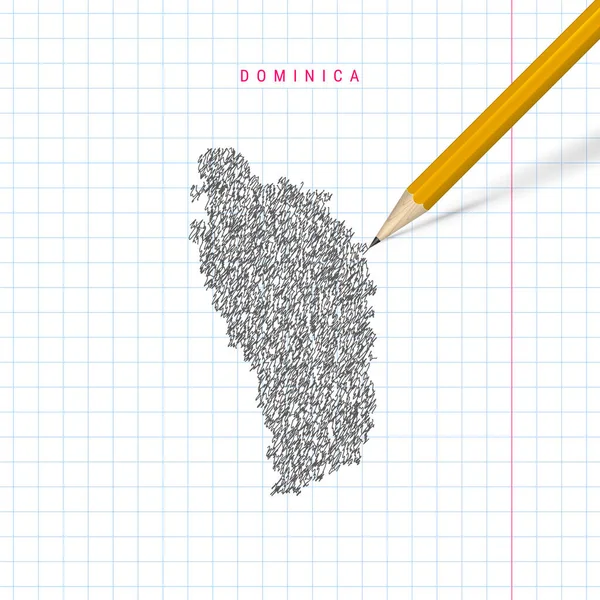 Dominica bosquejo garabato mapa vectorial dibujado en cuaderno de la escuela a cuadros fondo de papel — Vector de stock