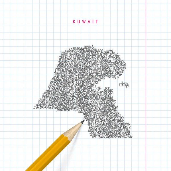Kuwait bosquejo garabato mapa vectorial dibujado en la escuela a cuadros cuaderno papel fondo — Vector de stock