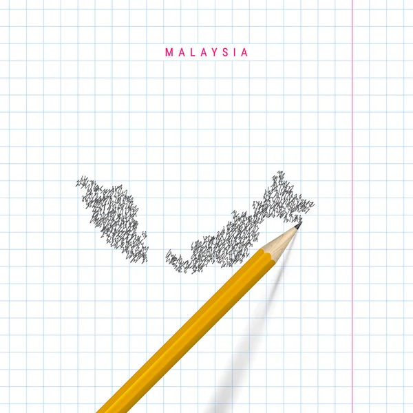 Malasia bosquejo garabato mapa vectorial dibujado en la escuela a cuadros cuaderno papel fondo — Archivo Imágenes Vectoriales