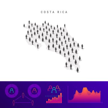 Kosta Rika halkının simge haritası. Detaylı vektör silueti. Karışık kadın ve erkek kalabalığı. Nüfus bilgileri. İzole vektör illüstrasyonu.