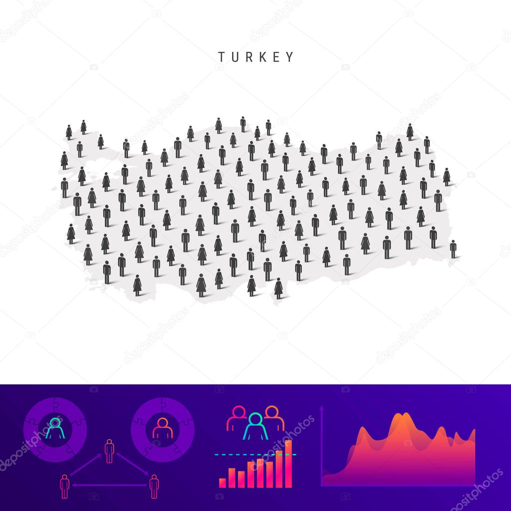 Turkish people icon map. Detailed vector silhouette. Mixed crowd of men and women. Population infographics. Isolated vector illustration.