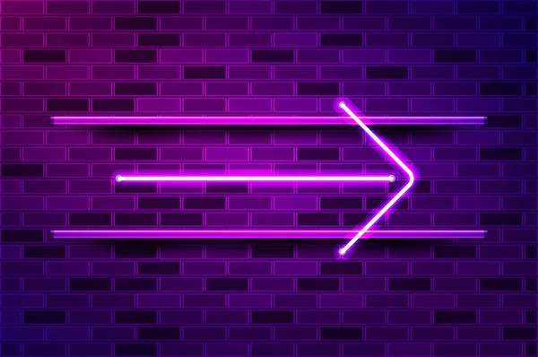 まっすぐ右矢印輝くネオンサインやLedストリップライト 現実的なベクトル図 紫色のレンガの壁 紫色の輝き 金属ホルダー — ストックベクタ